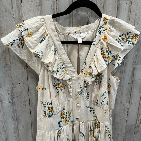 LC Lauren Conrad Cream Floral Girly Ruffle Cottagecore Prairie Midi Dress Medium - Picture 2 of 7